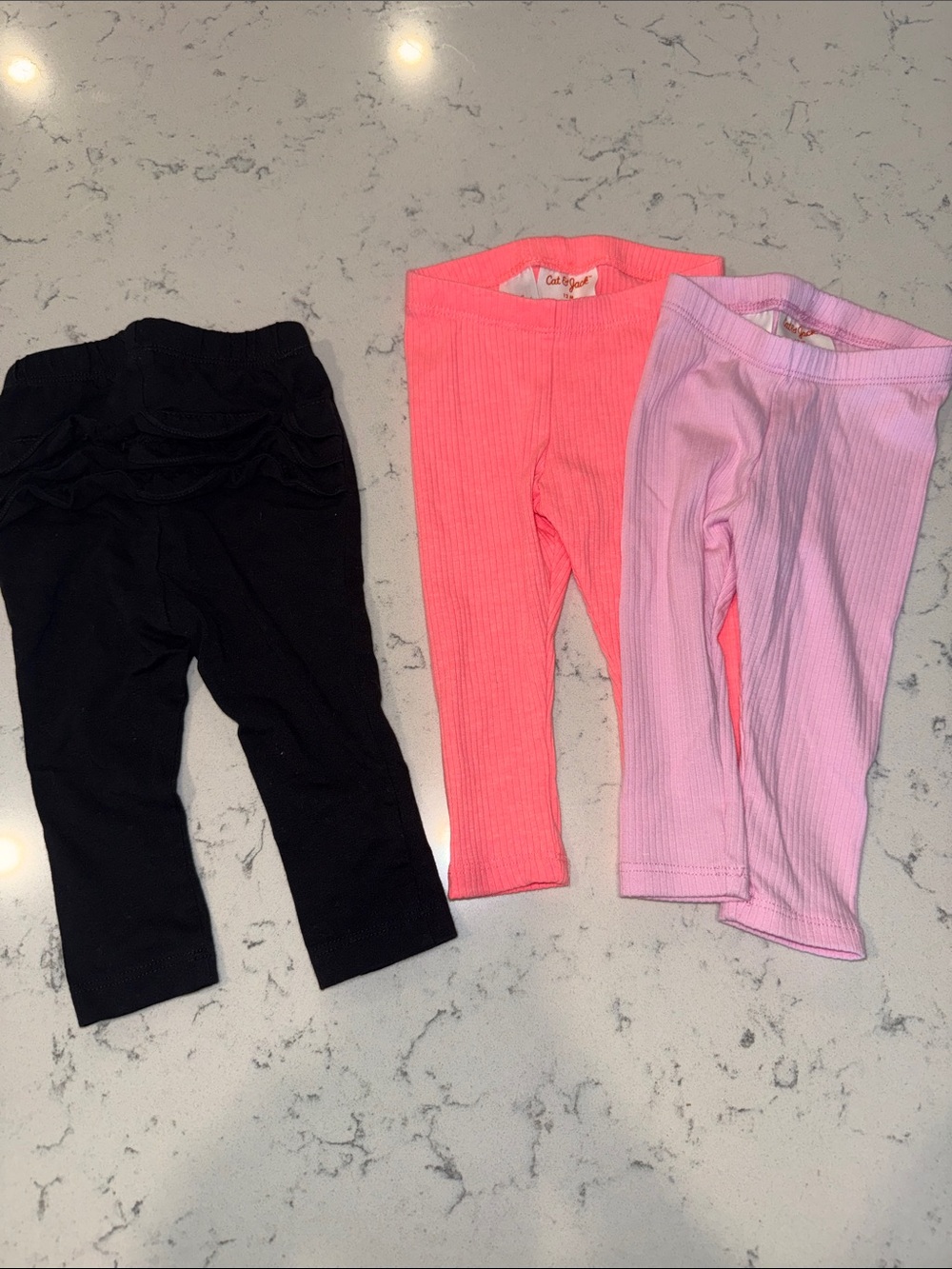 Cat & Jack Ribbed Leggings Coral & Light Pink and Old Navy ruffle legging black